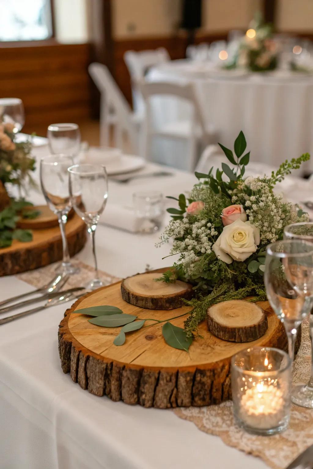 Rustic timber pieces infuse a wedding table centerpiece with distinct charm.