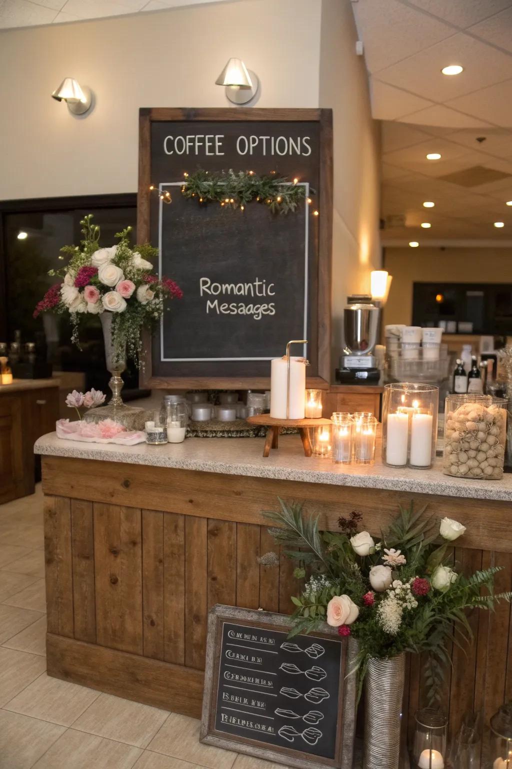A personalized slate board sign at a wedding coffee bar.
