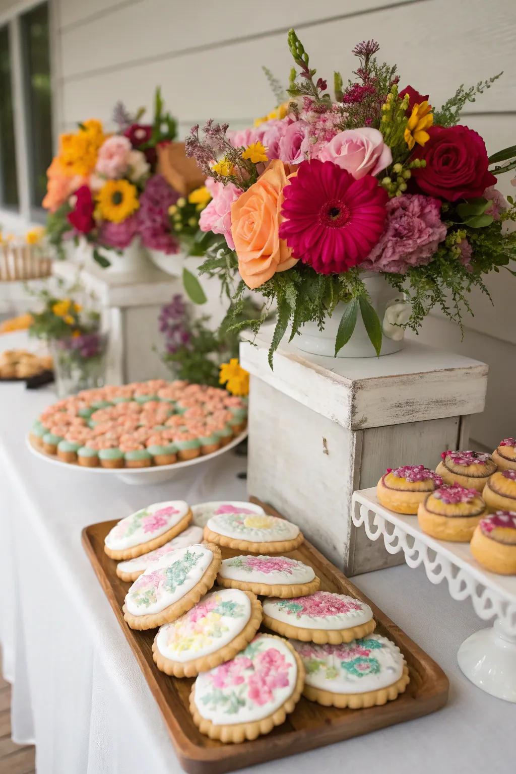 Botanical features lend a romantic sense to a wedding cookie arrangement.