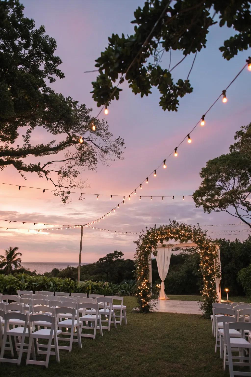 An outdoor wedding site beautifully lit with string lights cascading from the trees.