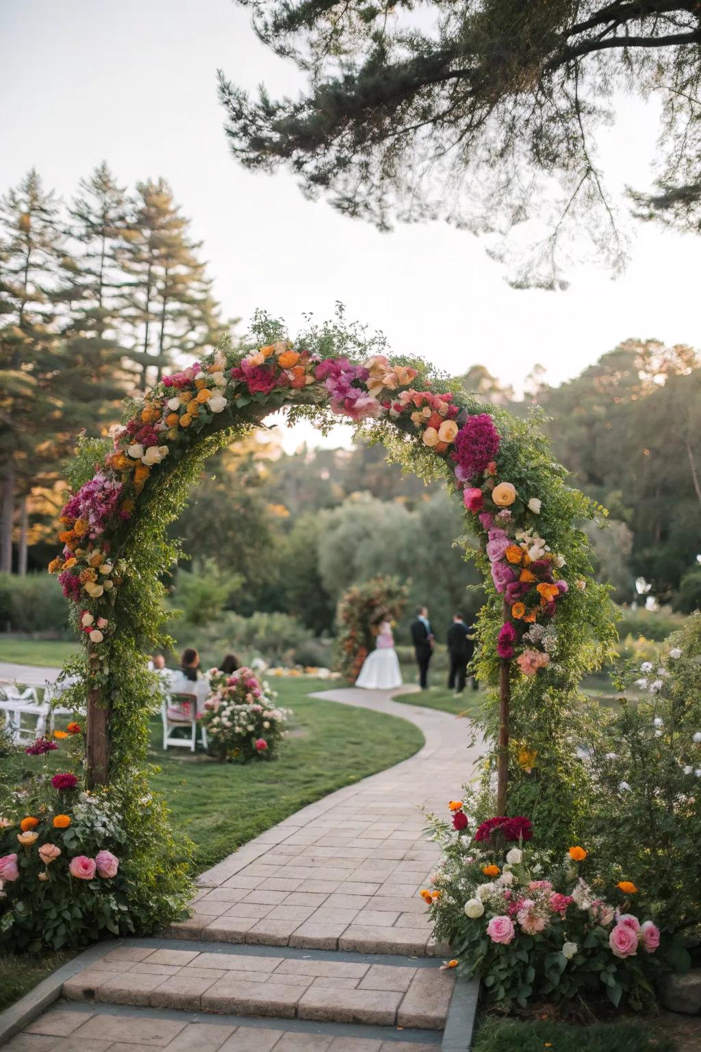 An ethereal floral arch in an outdoor setting, providing a striking canvas for the ceremony.