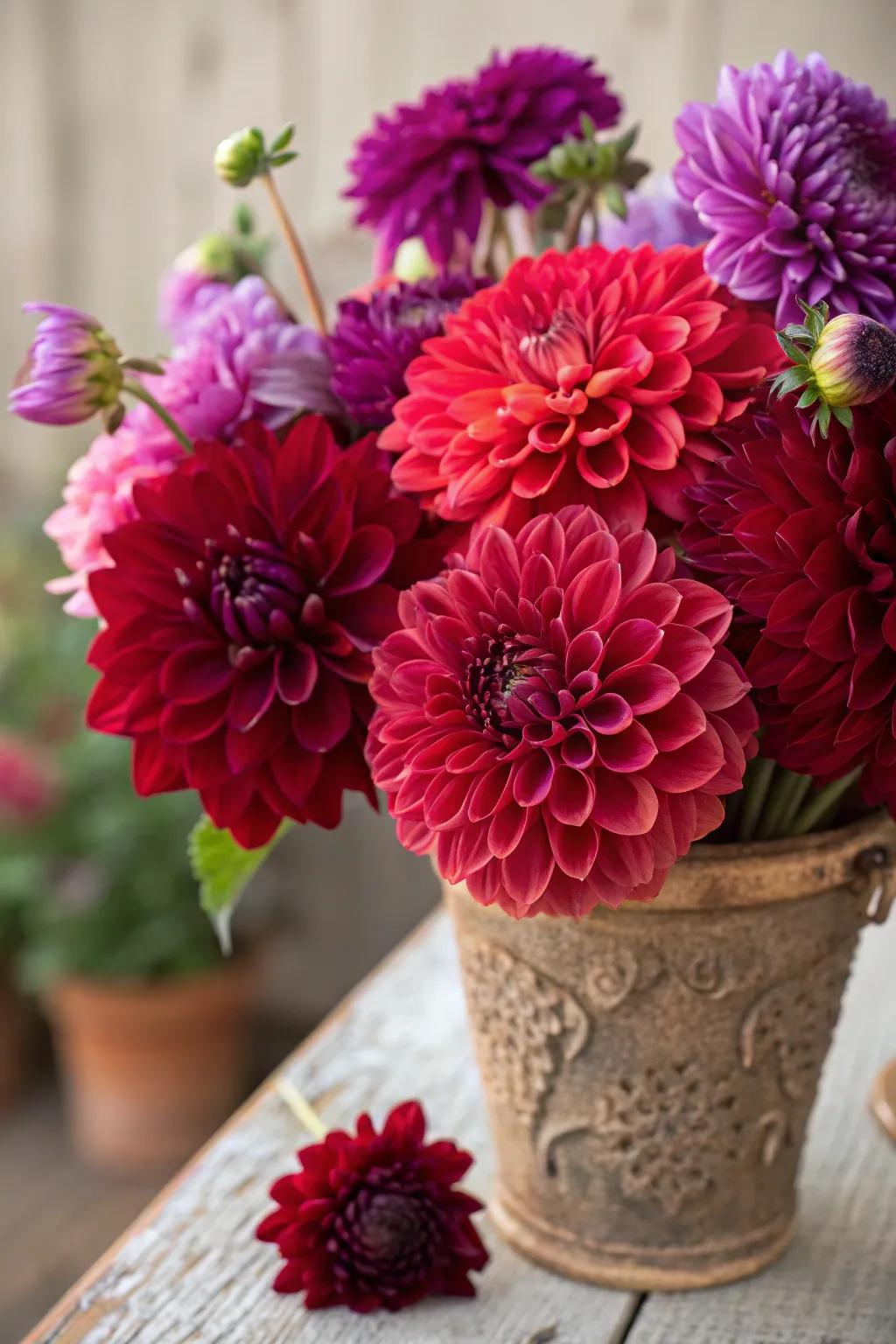 A striking dahlia bouquet featuring rich autumn colors.