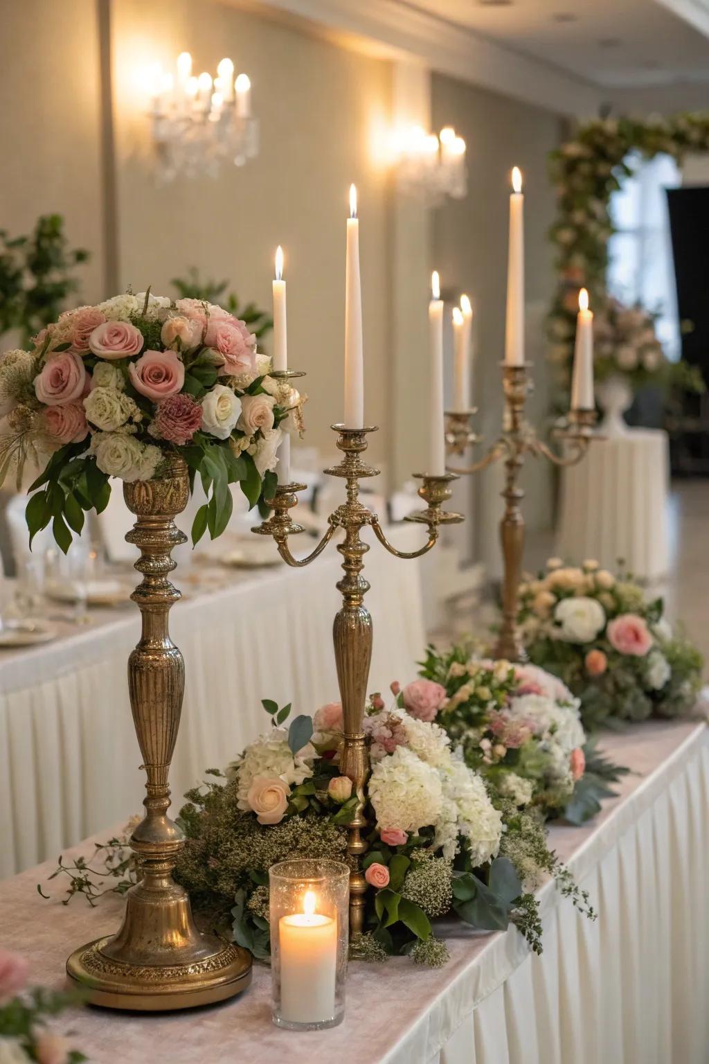 Vintage multi-candle holders elevating the sophistication of the arrangement.