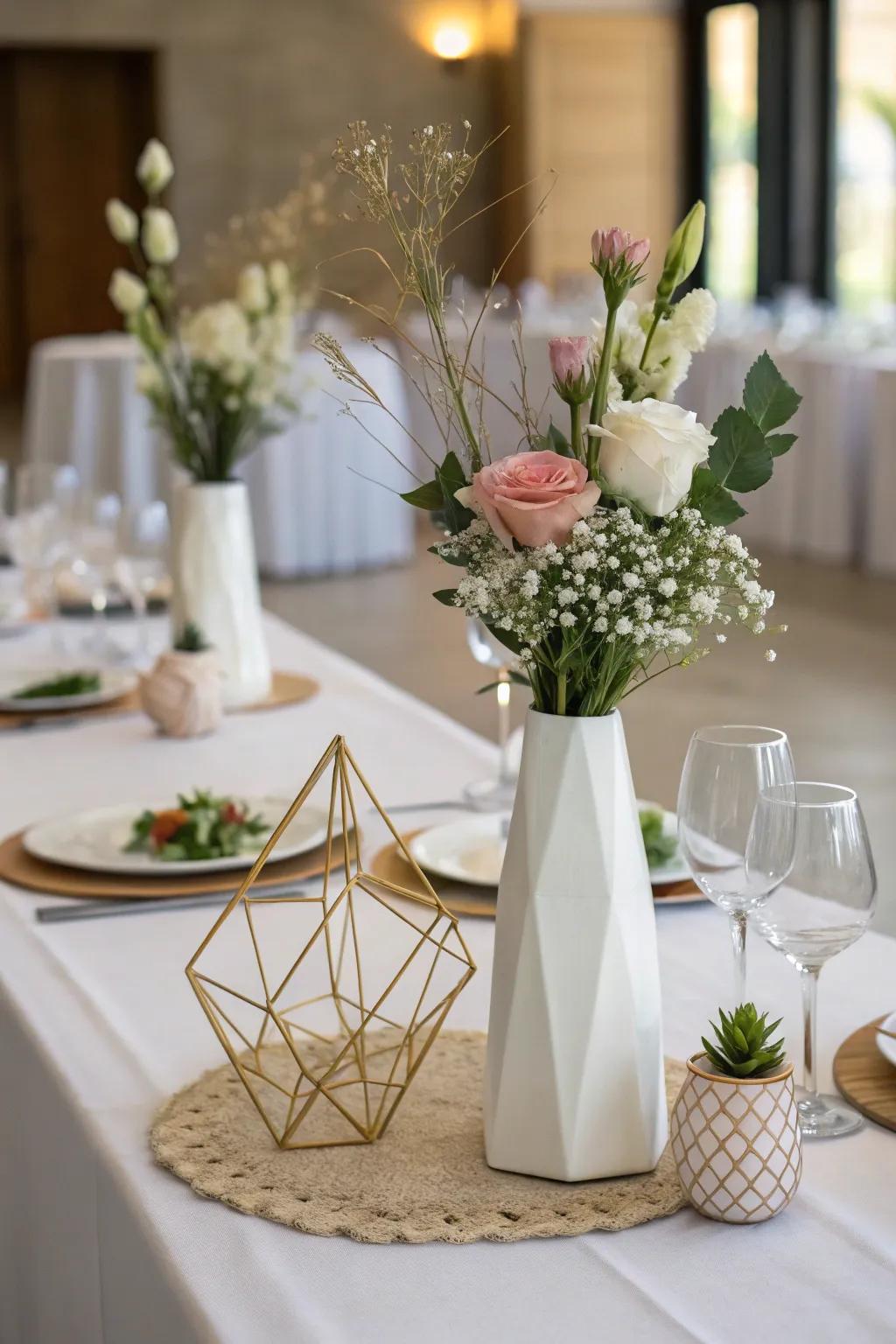Faceted vessels provide a modern spin on traditional floral arrangements.