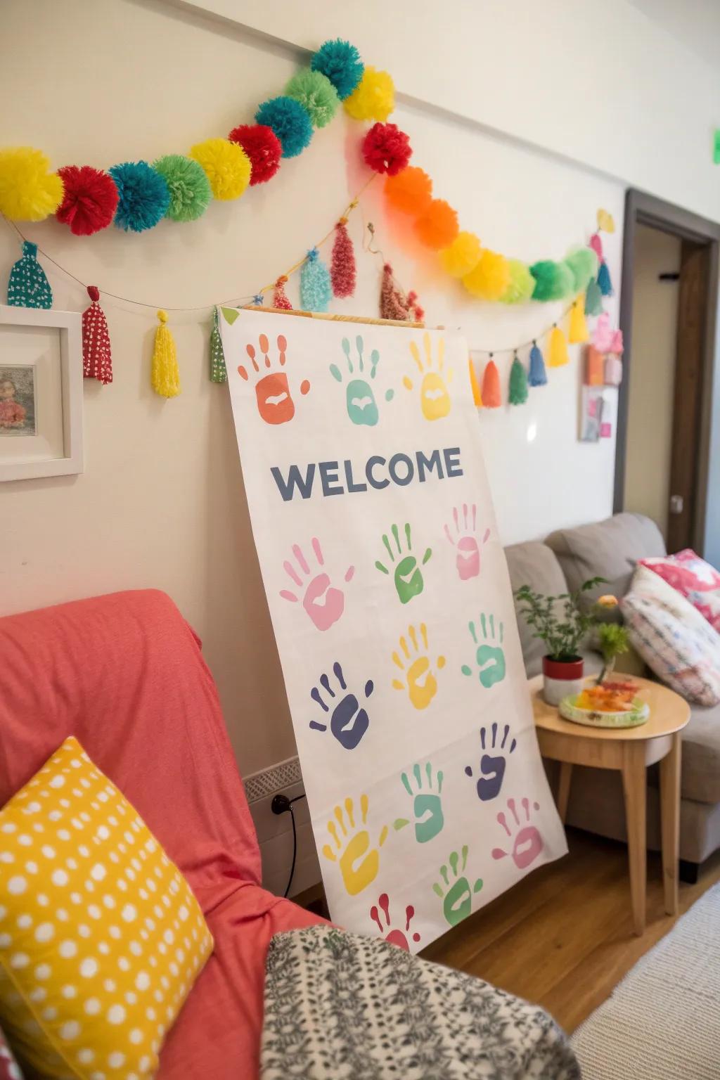 Family handprints add a personal touch to welcome posters.
