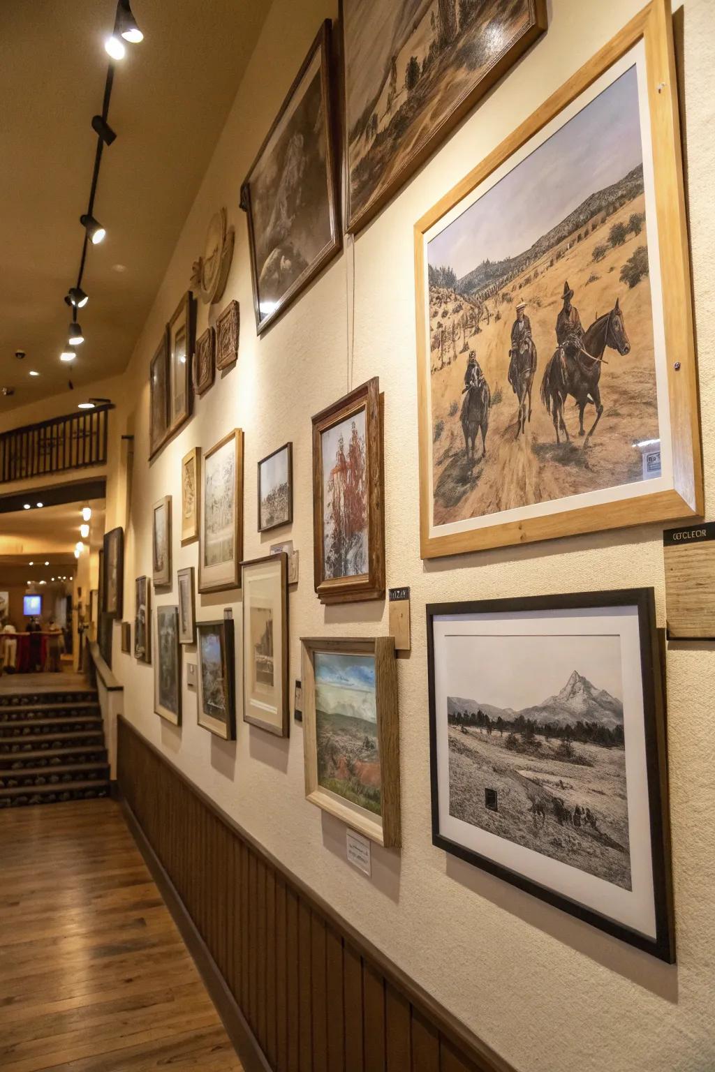 Western-themed gallery wall with diverse art pieces.