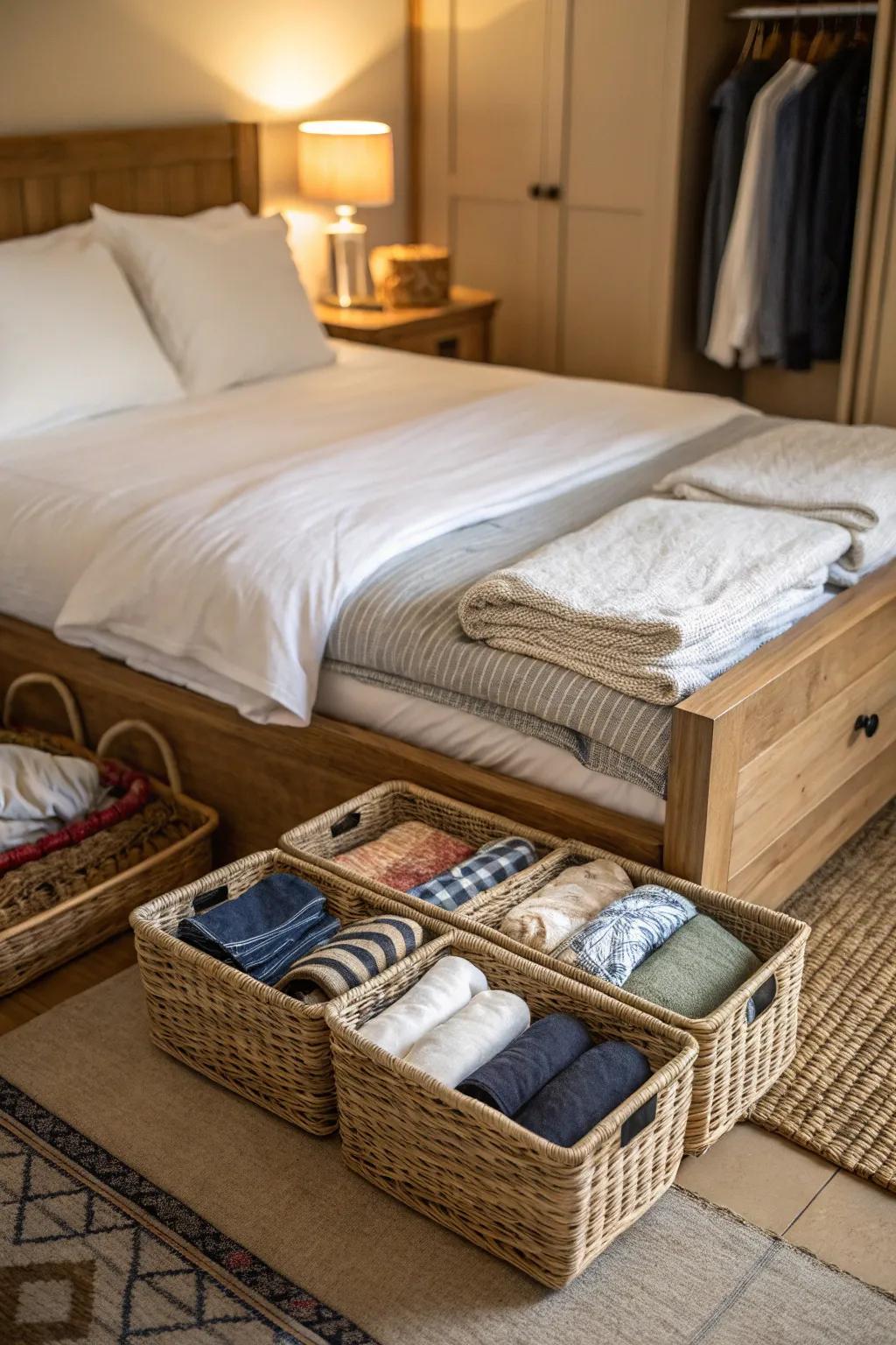 Low-profile baskets slipped under the bed offer storage that's both subtle and organized.