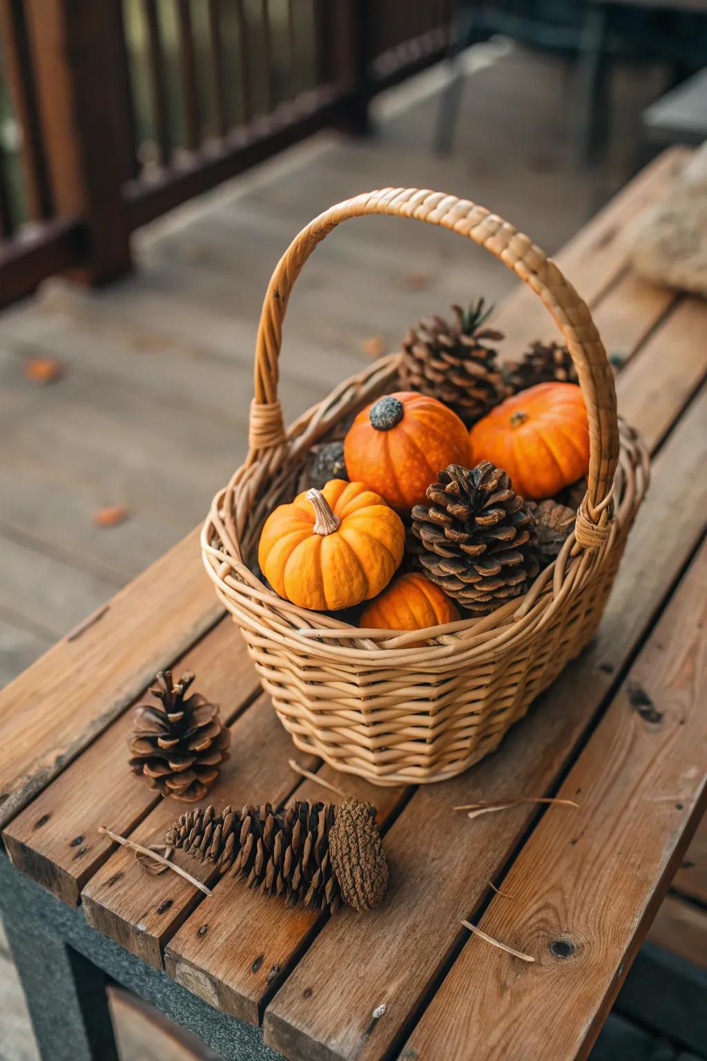 A basket showcasing miniature gourds and conifer cones imparts a seasonal hint to any decor.