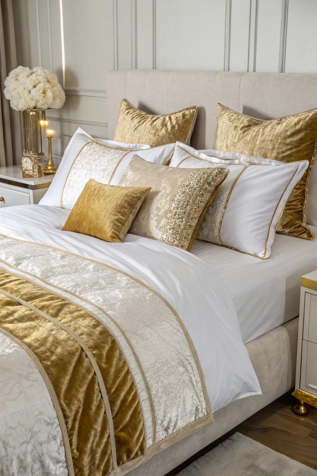 Velvet and silken textures enhance comfort and richness.