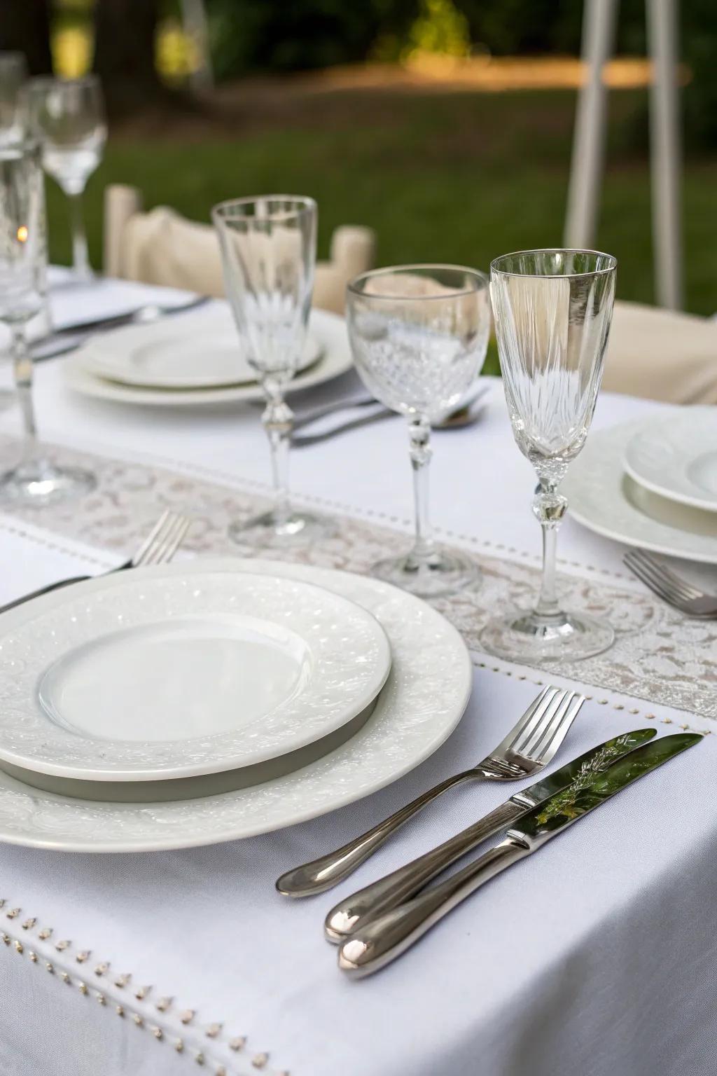 Organize a sophisticated table featuring ivory and silver highlights.