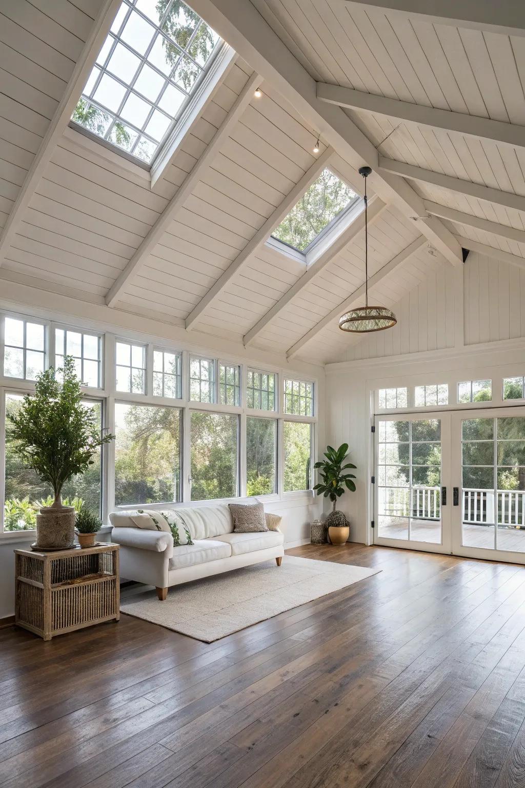 An open living space showing off a white ceiling that boosts the feeling of spaciousness and light.