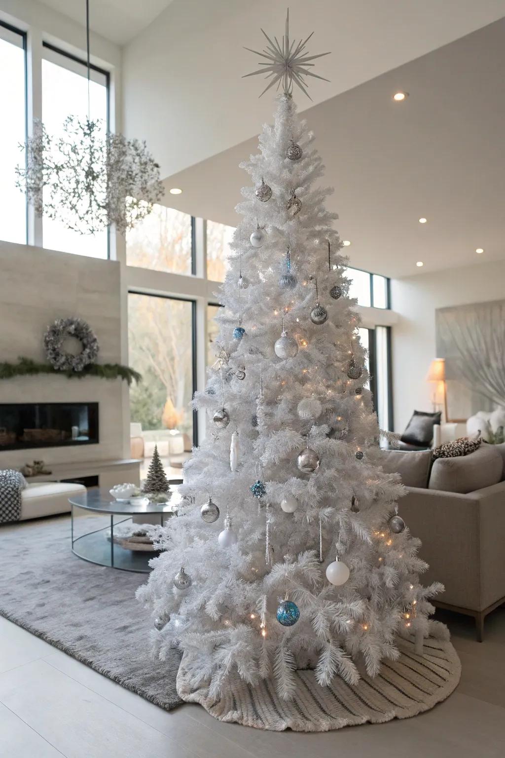 A magical winter scenario highlighted by gleaming flurries and icy accents gracing a pristine tree.