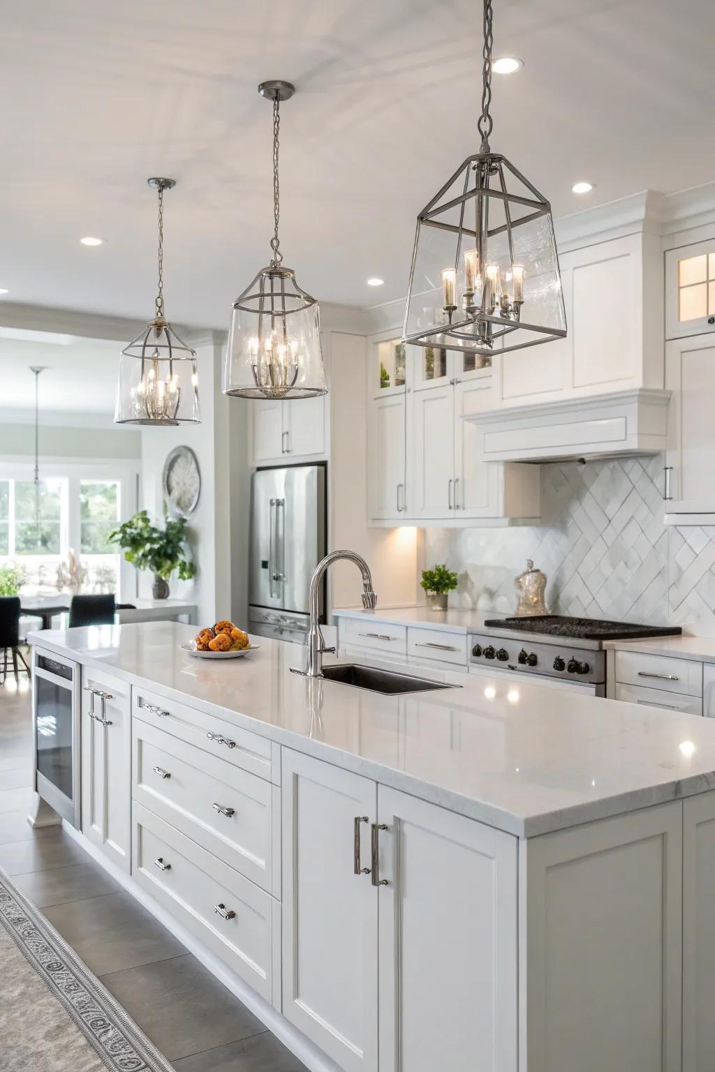 Radiant white furnishings conjure a streamlined and modern visage in this radiant kitchen.