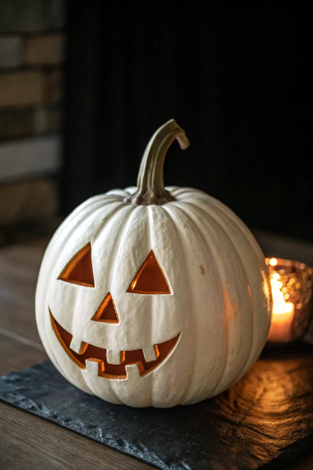 A classic Jack-O-Lantern with a twist, utilizing a white pumpkin.
