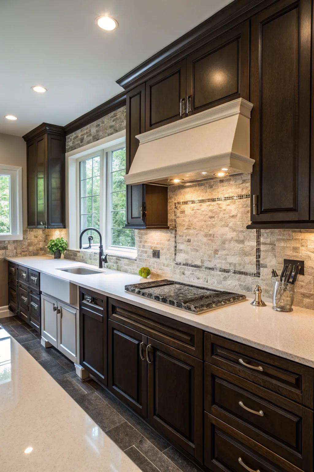 Striking interplay achieved with a deep stone backsplash in the culinary space.