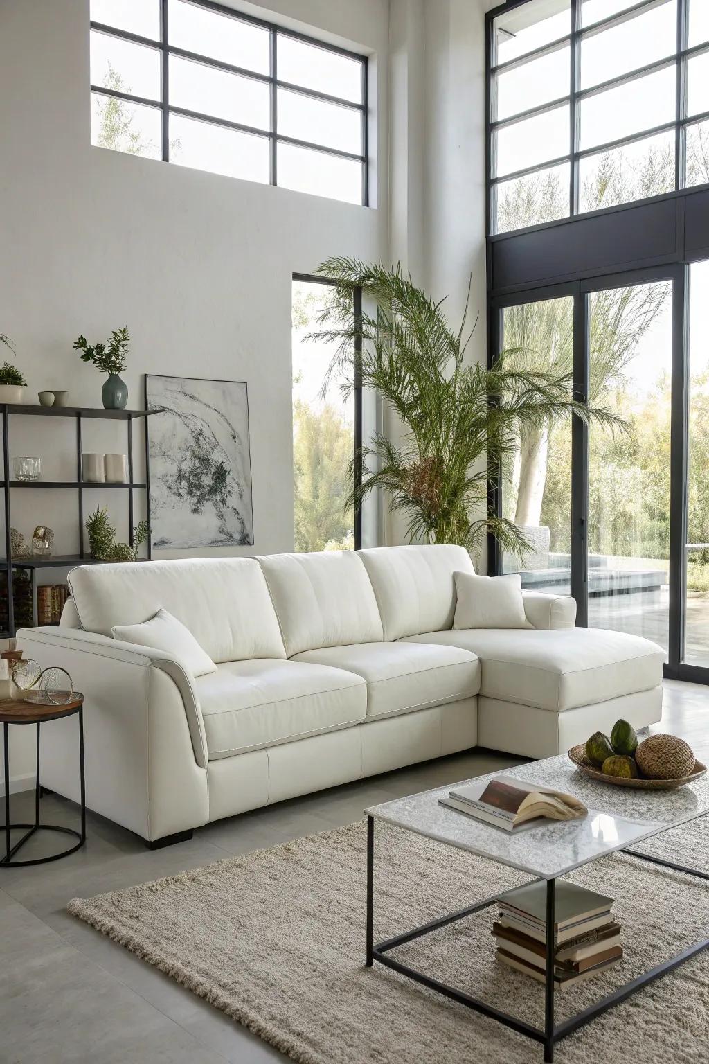A refined modernist aesthetic featuring a creamy white sectional.