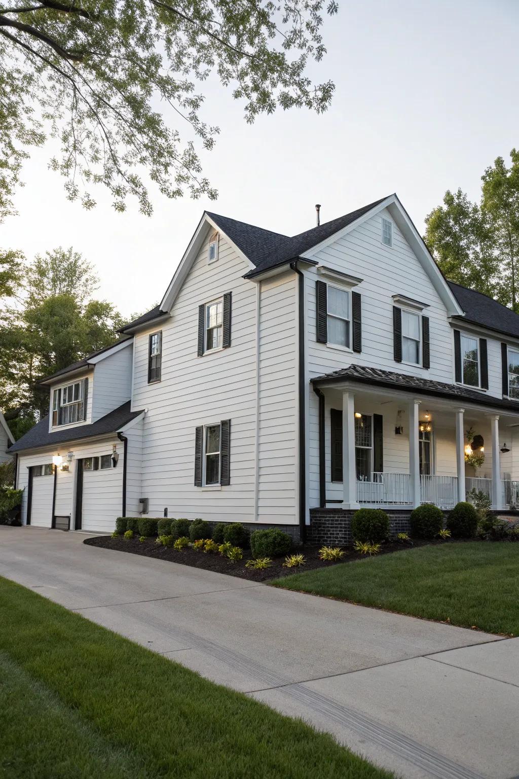 A house displaying an impressive contrast with white vinyl siding and black trim.