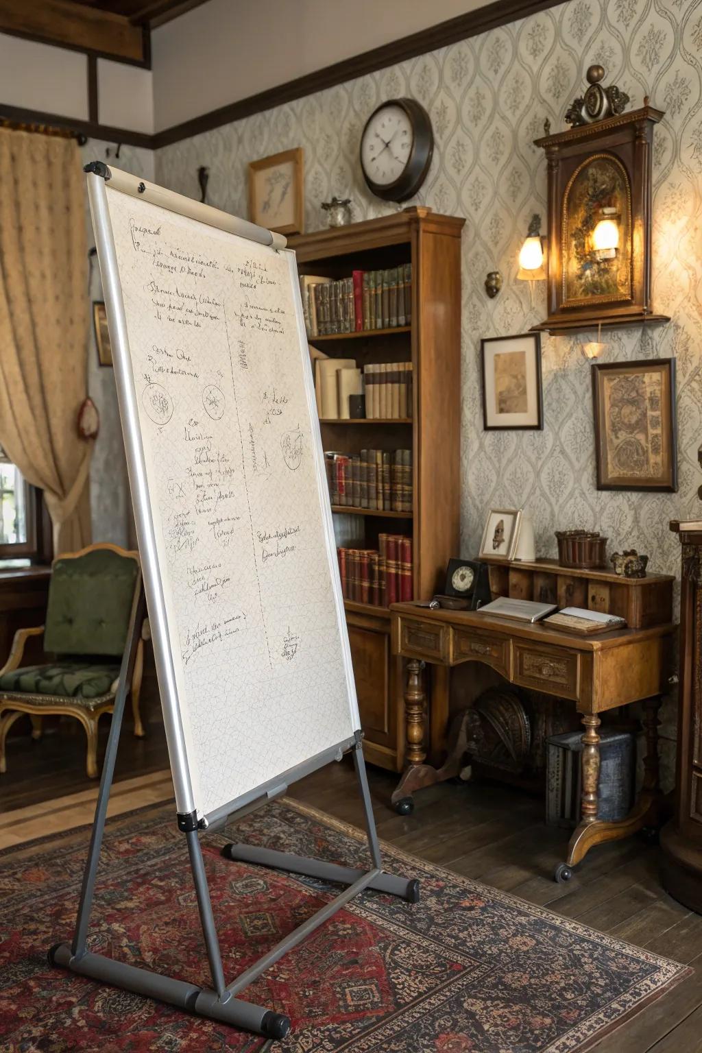 A textile-clad whiteboard contributes coziness and texture to the study.