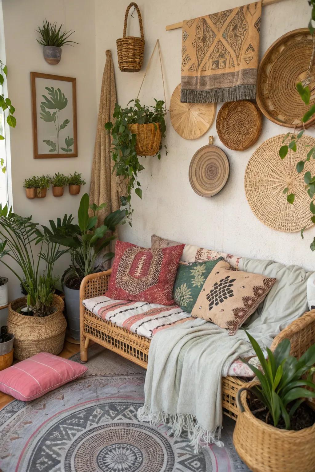 Unite wicker with different textiles to capture the bohemian spirit.