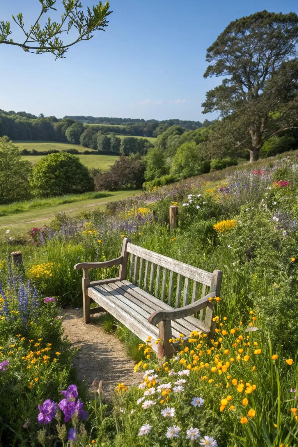 A flawless nook for relaxation amidst a sea of wildflowers.