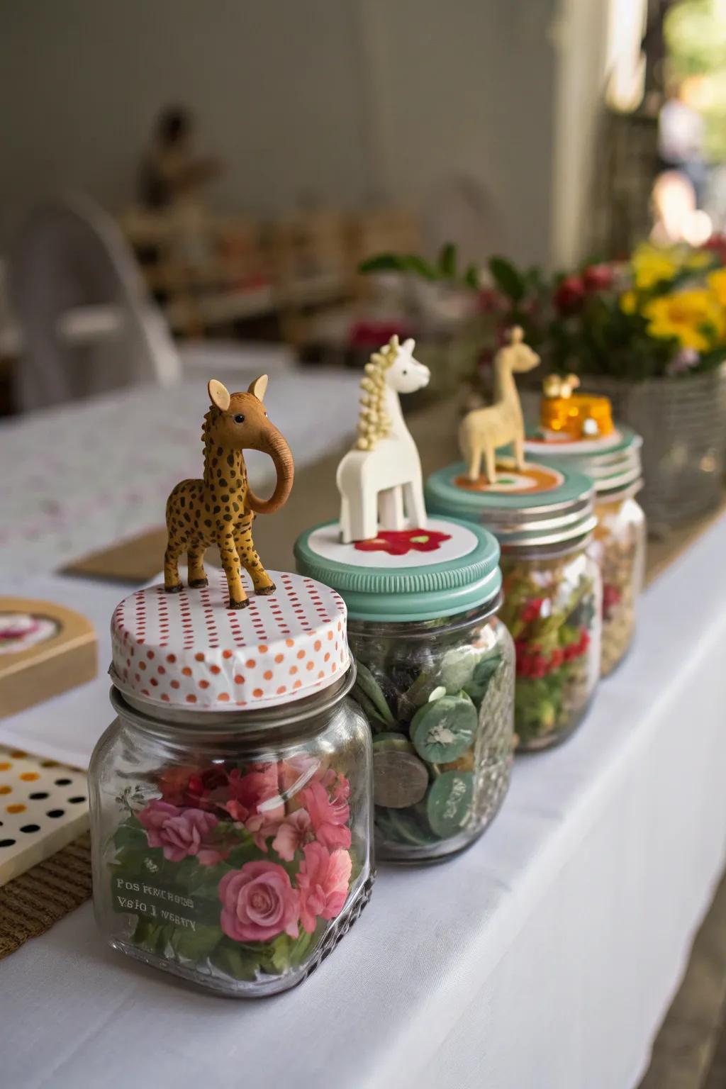 Glass containers topped with delightful animal figures.