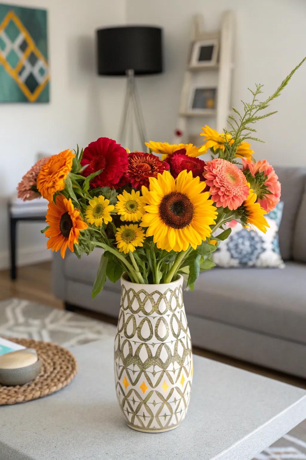 A striking vase amplifies the dynamic hues of wildflowers, establishing a noteworthy showcase.