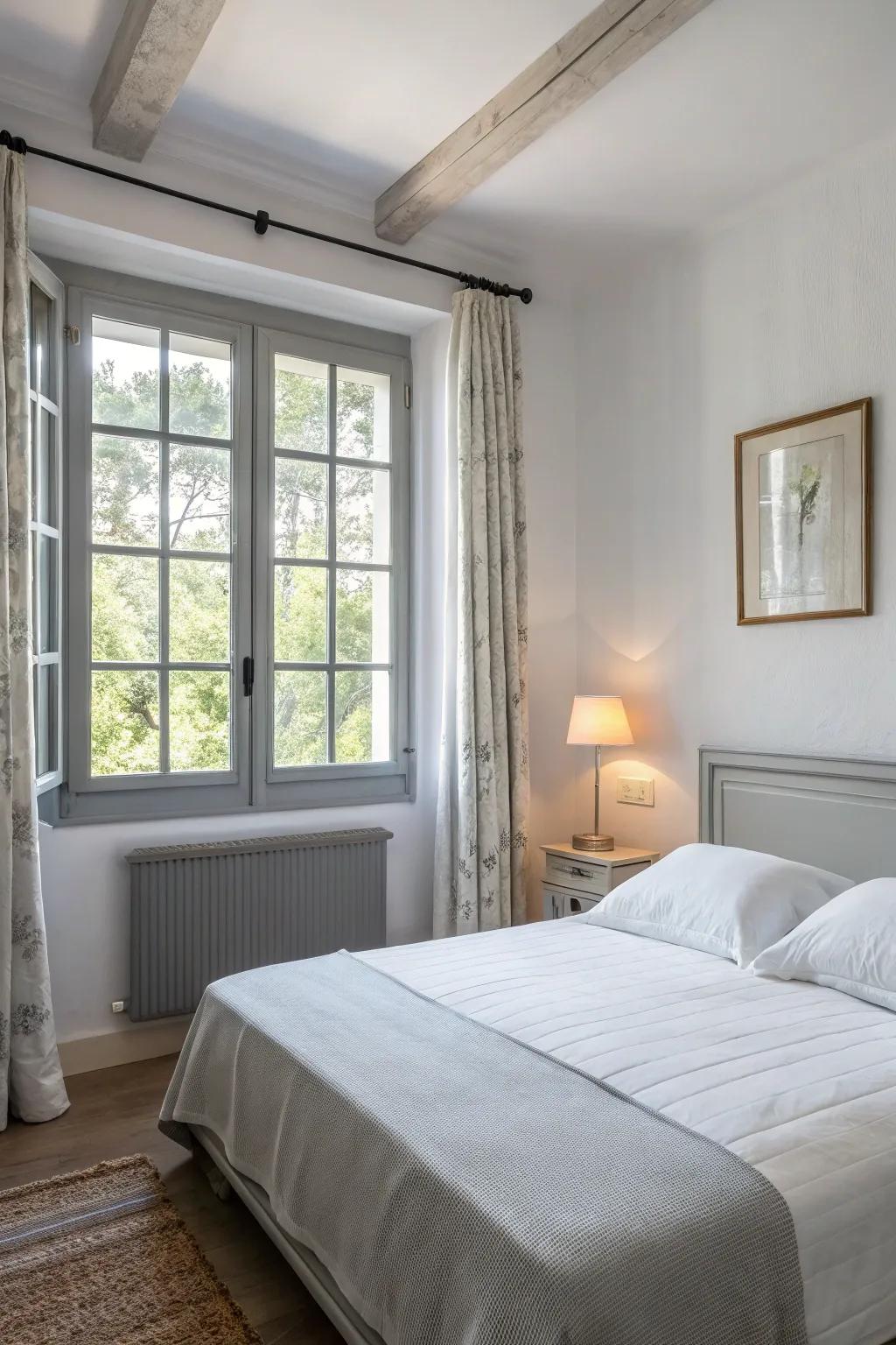 Gentle gray trim establishes a calming ambiance in the bedroom.