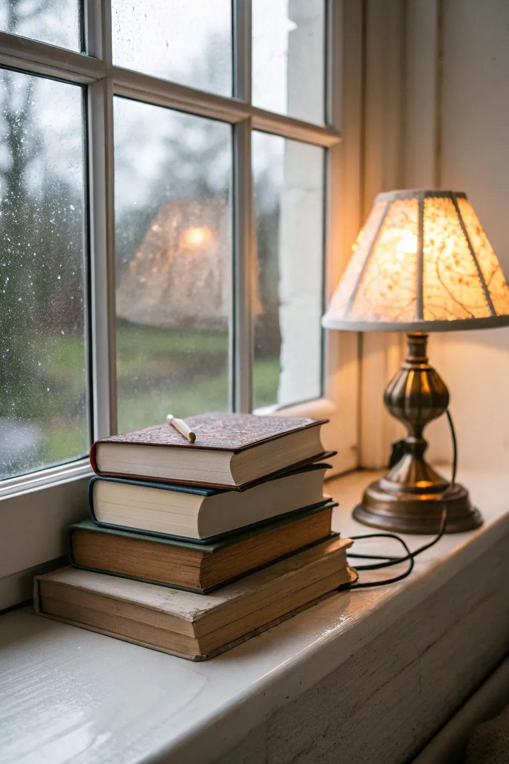 Books on the windowsill encourage relaxation and contemplation.