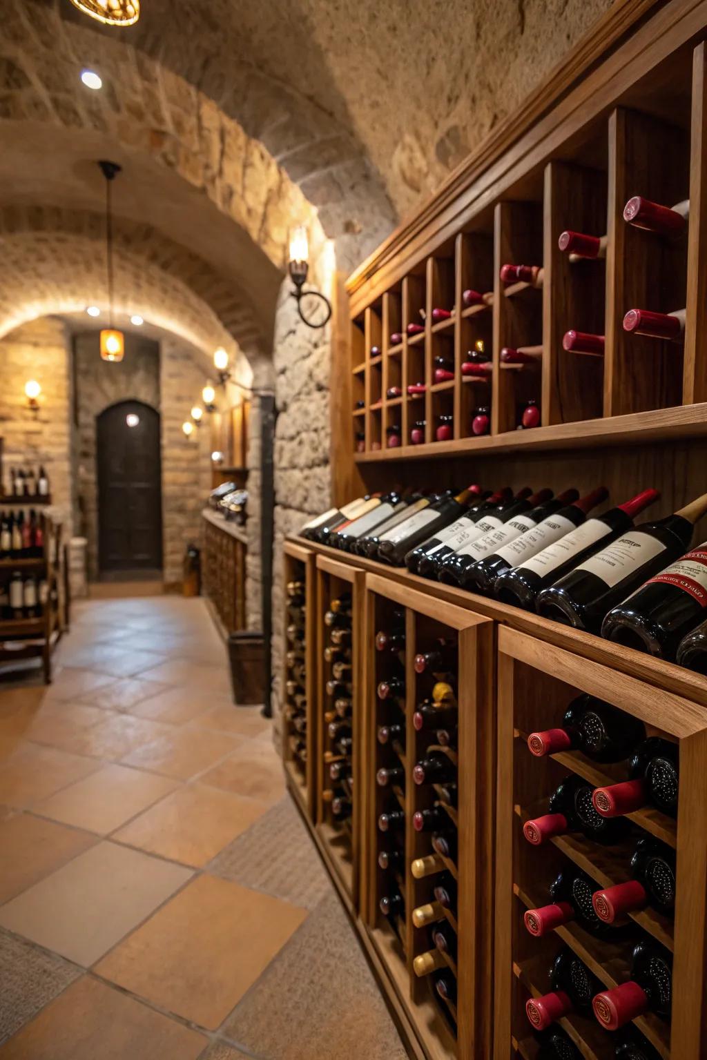 Wine cellar featuring soft lighting, creating a warm setting.