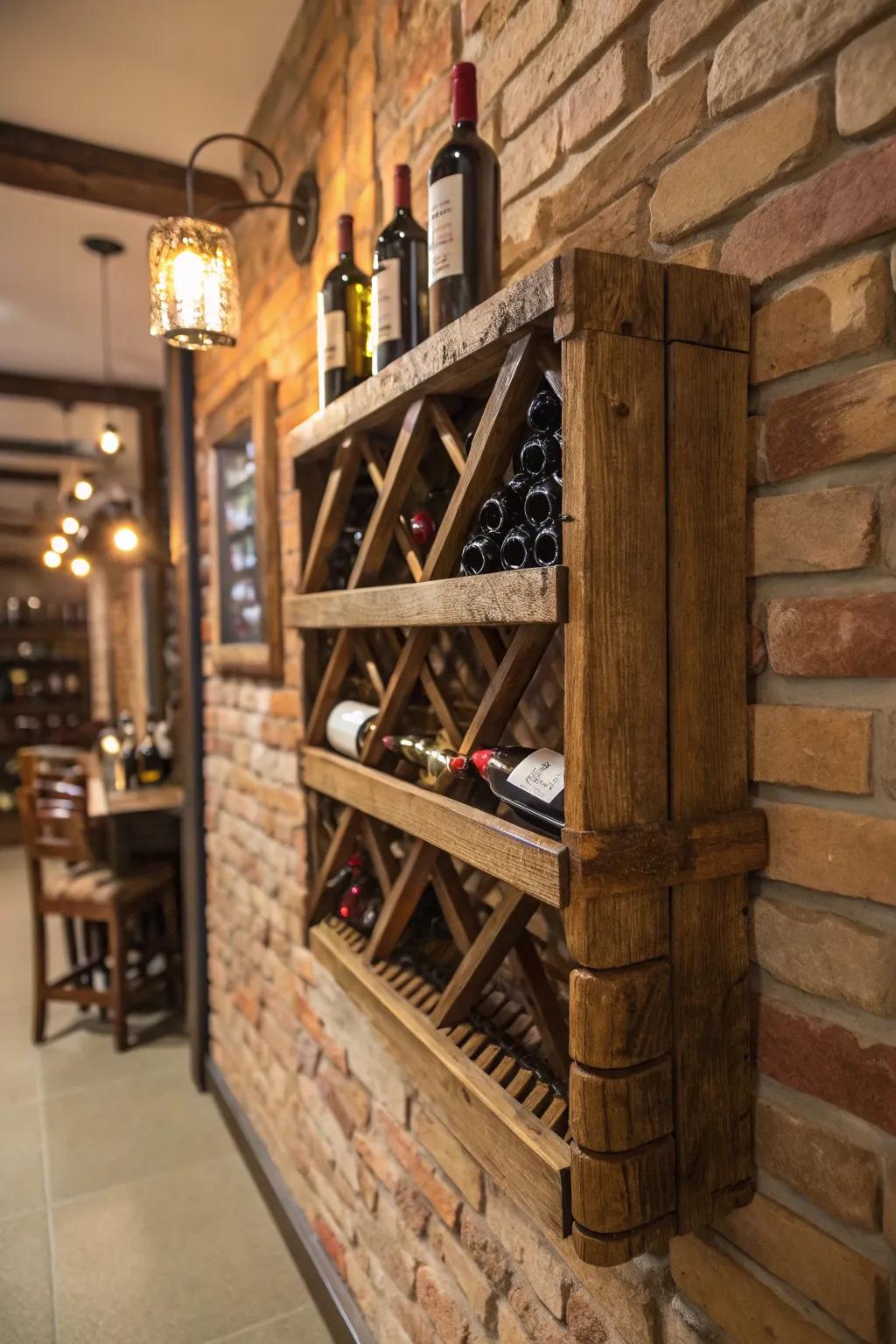 A rustic wooden wine rack bringing warmth to the room.