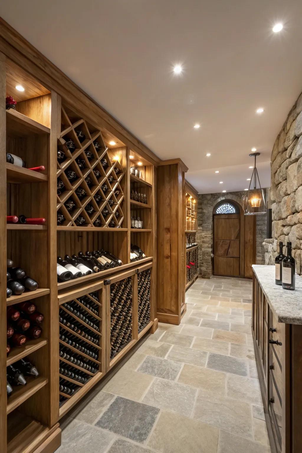 Elegant inset lighting contributing sophistication to the wine room.