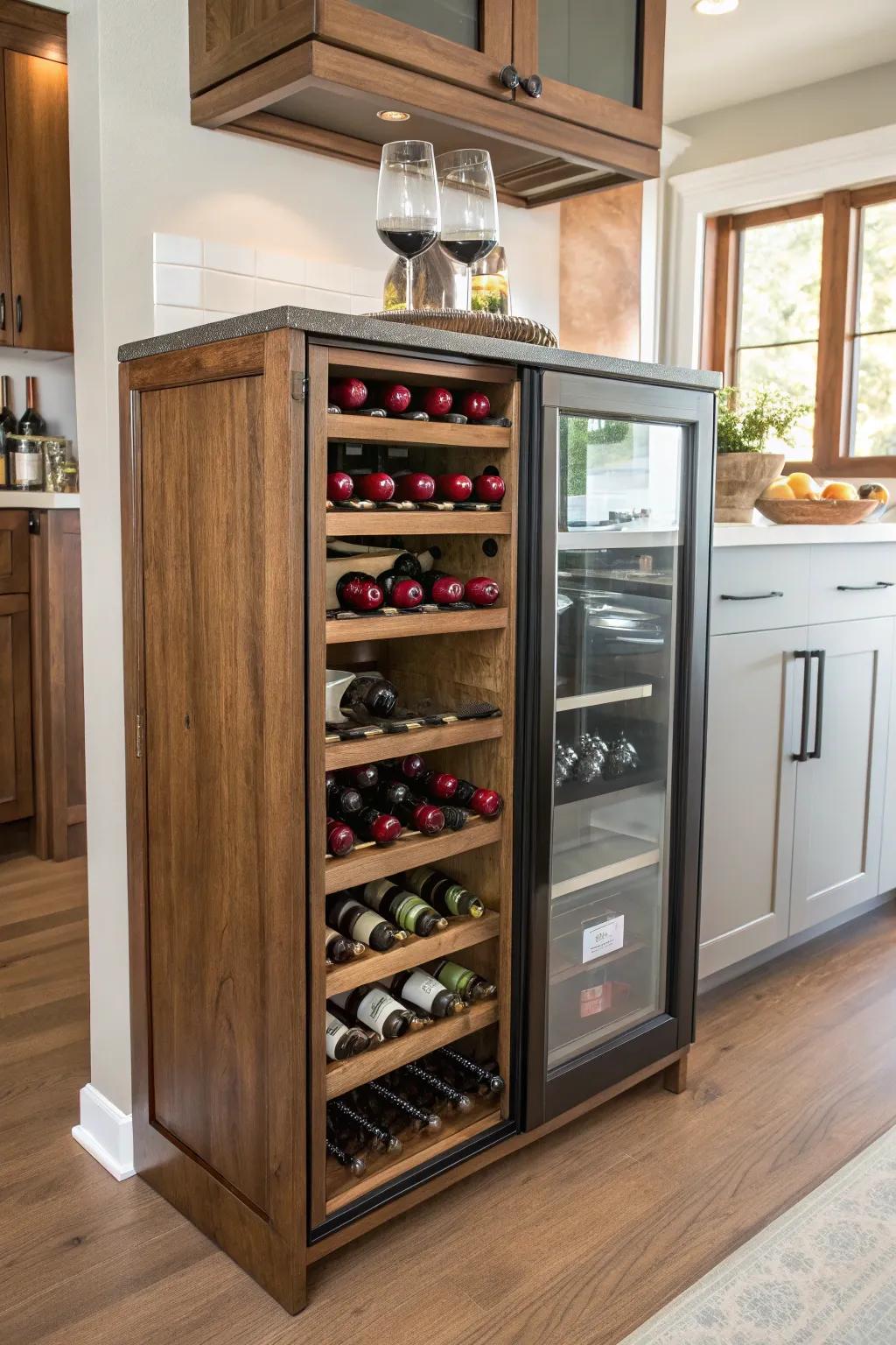 A compact wine chamber enhances organization and refinement in the kitchen.