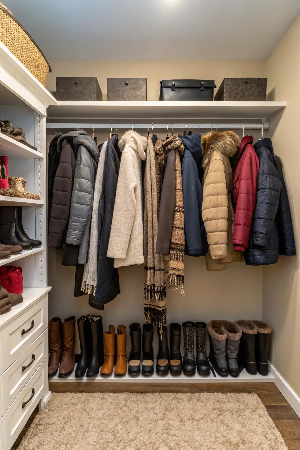Maximize space from floor to ceiling using shelving installed overhead.