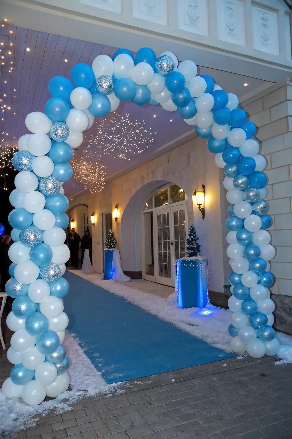 A balloon archway greets attendees into a winter dreamland.