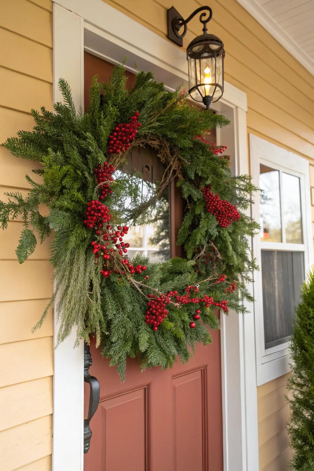 An inviting eternal bloom wreath with crimson berries enhances the entry.