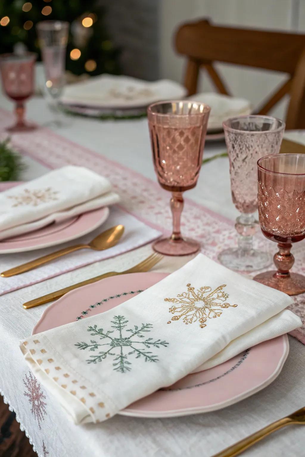 Elegant table arrangements with a snowy emphasis.