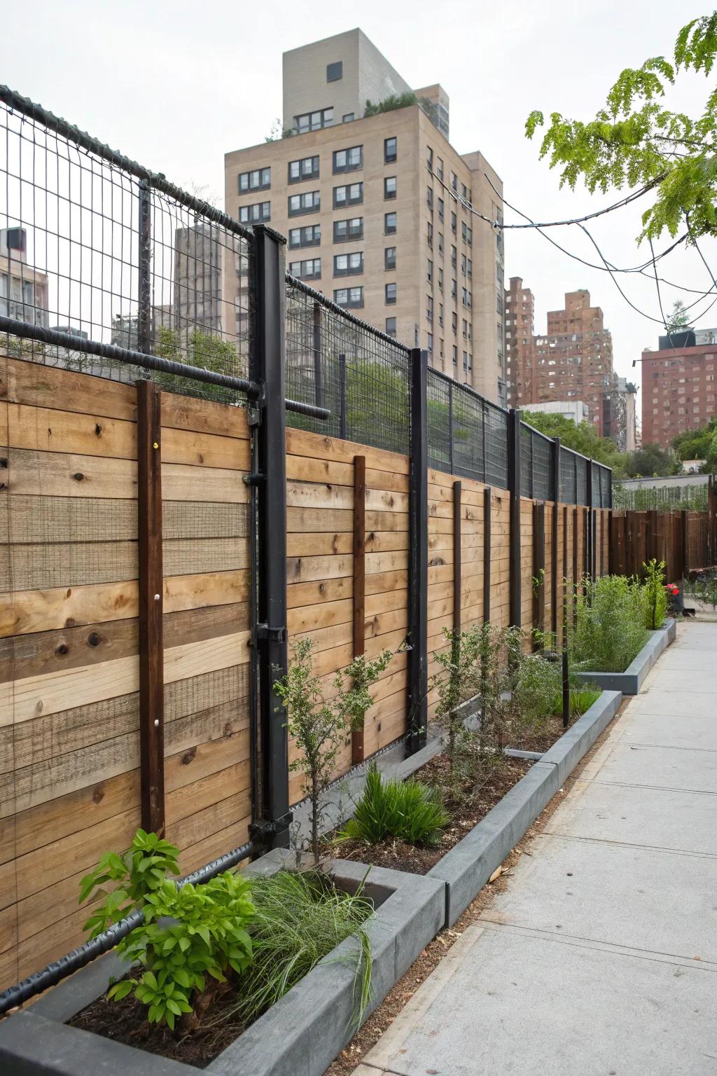An urban-inspired fence showcasing unaltered lumber and exposed steel.