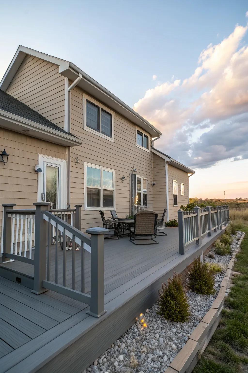 A contemporary gray deck adds a modern flair to a tan house, perfect for those who love a chic look.