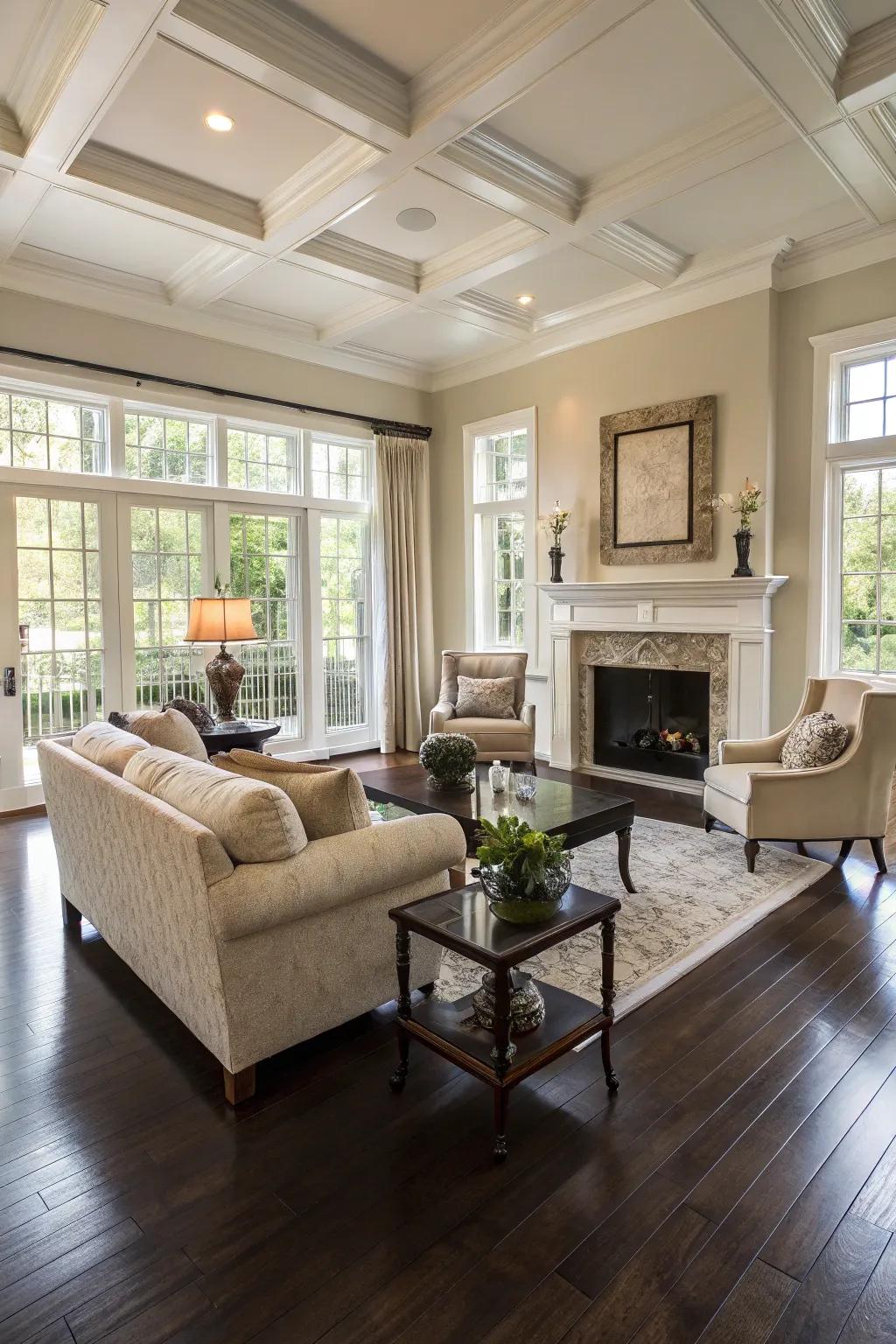 Lavish living space featuring floors stained with deep shades.