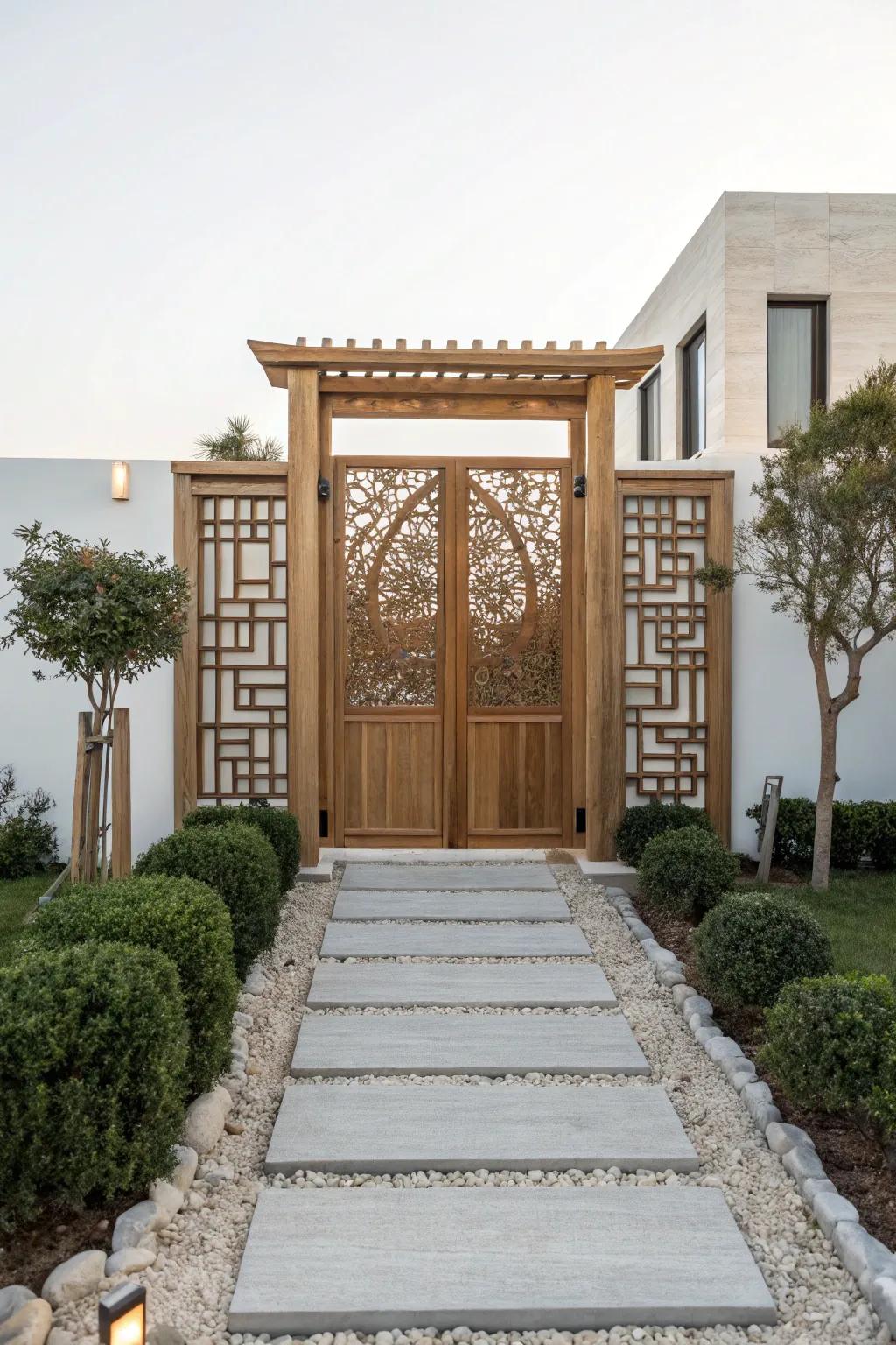 A geometric wood gate introduces a modern sophistication to your garden.