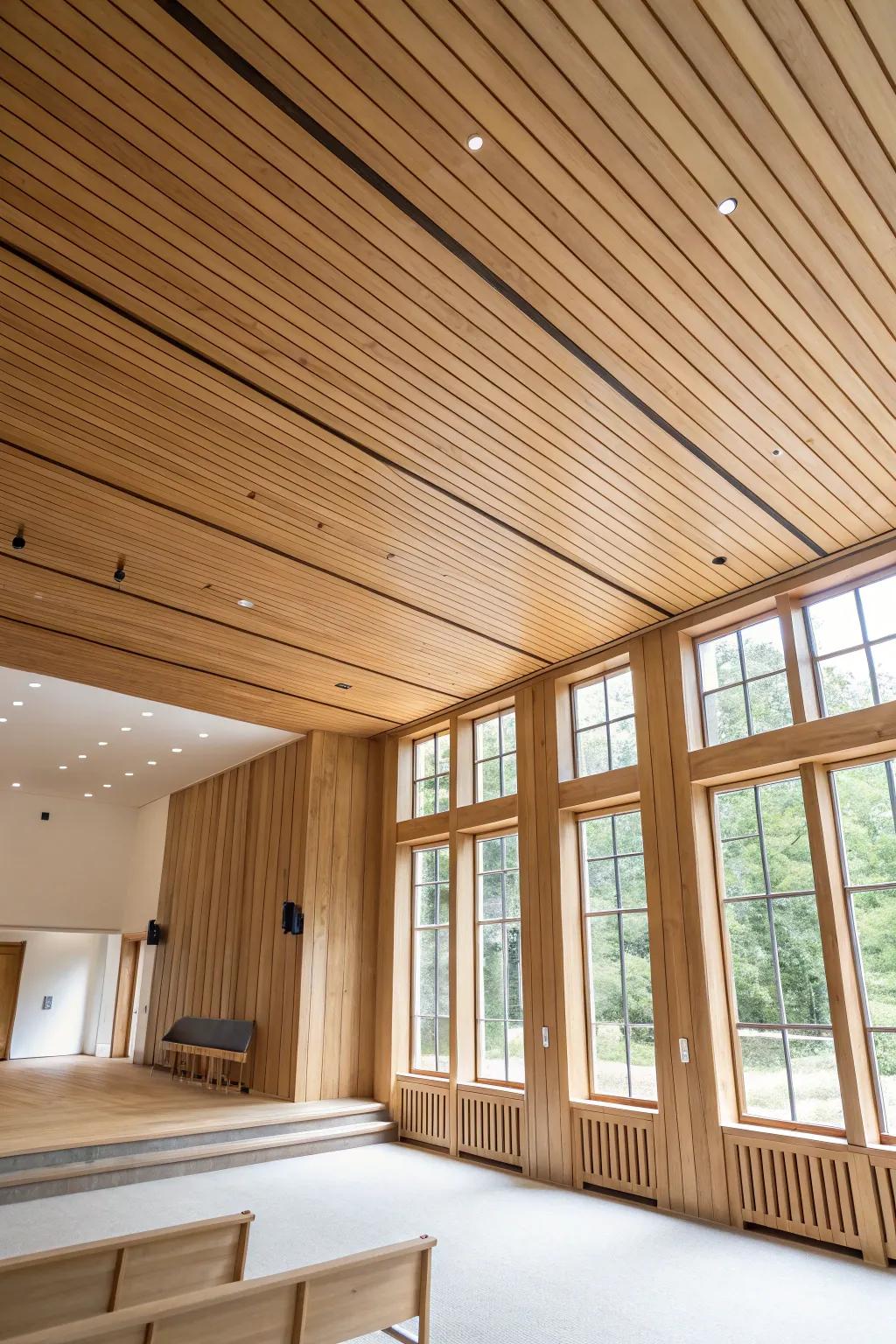 Upright wood layering gives the impression of loftier ceilings.