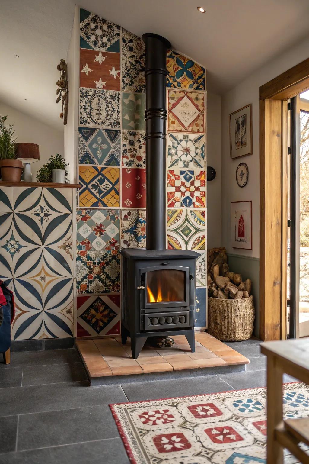 Geometric tiles establish a remarkable visual emphasis surrounding a wood burner.
