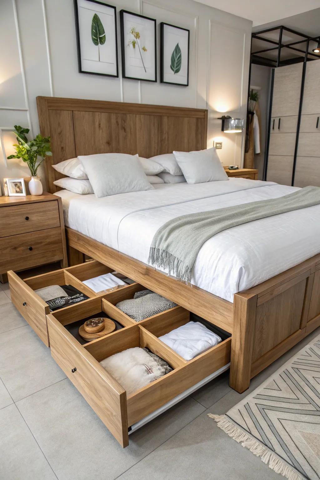 A wooden bed showcasing ingenious storage innovations.