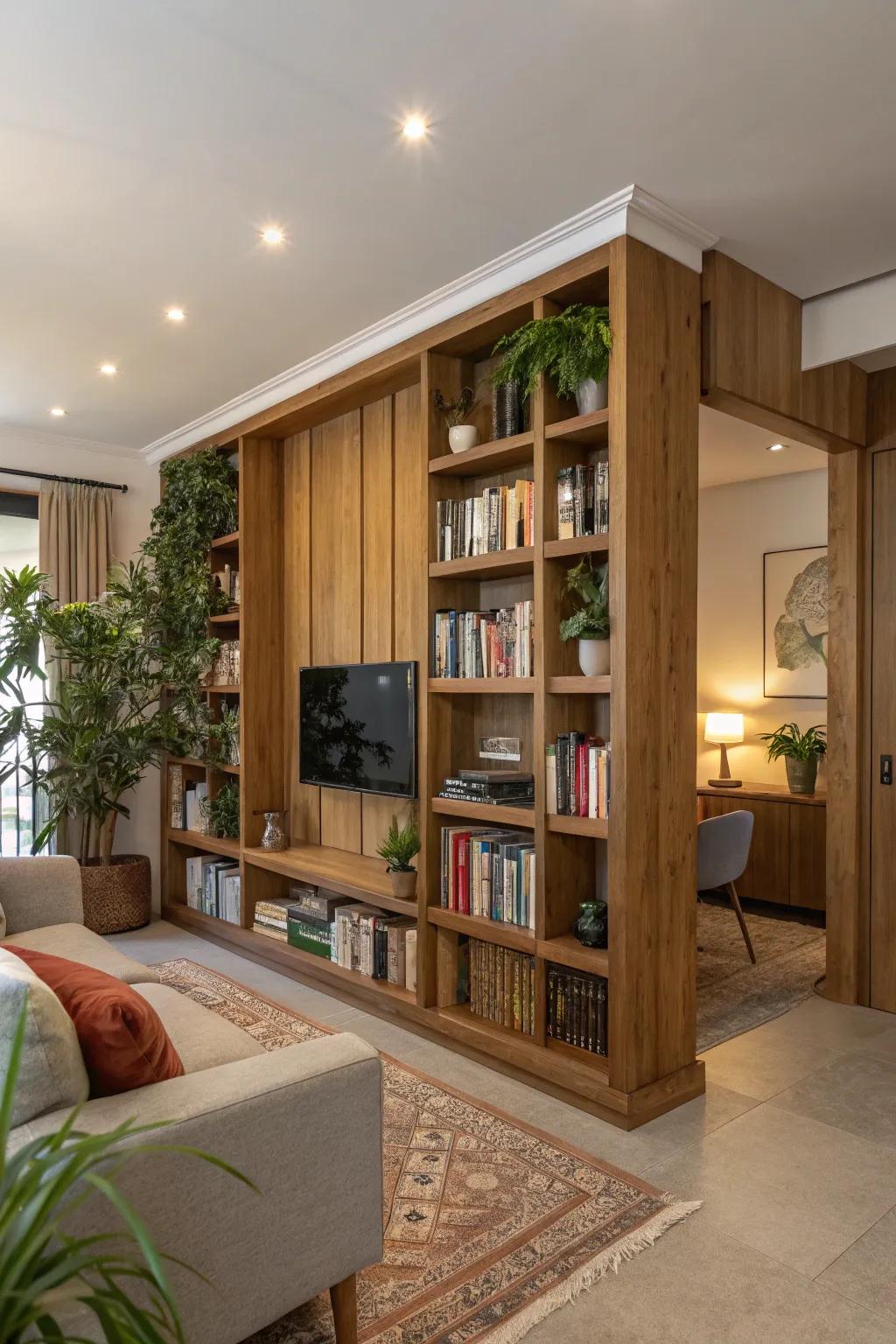 Integrated shelving in a timber partition offers practical storage and fashionable display.