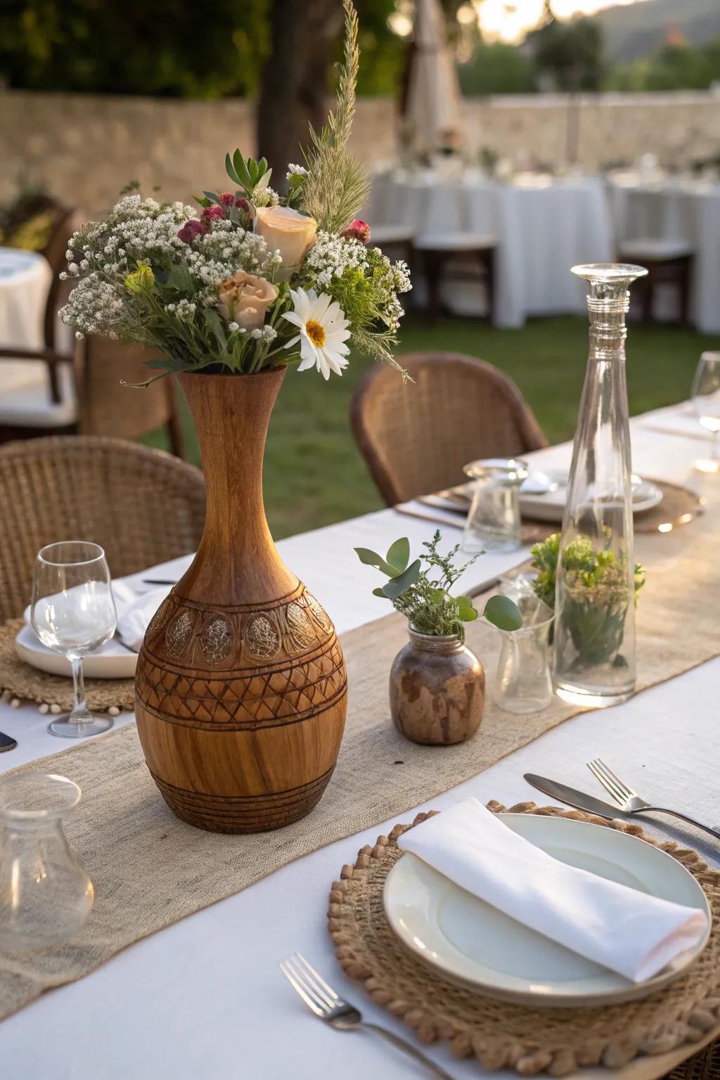 Evoke intrigue through the strategic amalgamation of mixed medium timber vases.