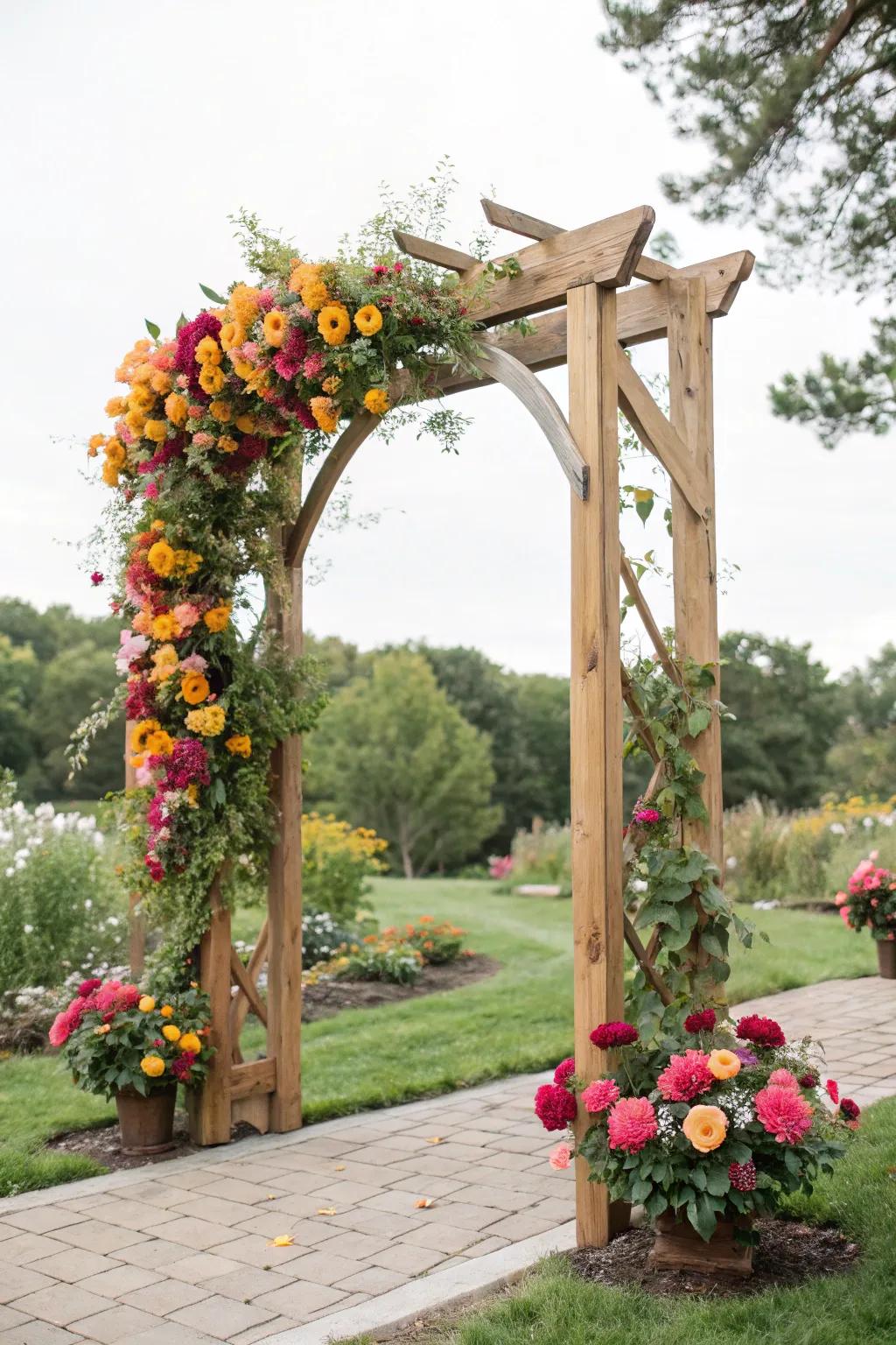 Seasonal blossoms add dynamic energy to your wedding arch.
