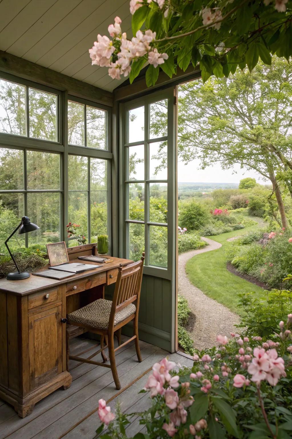 A writing shed featuring expansive windows, flawlessly integrating with the natural world.