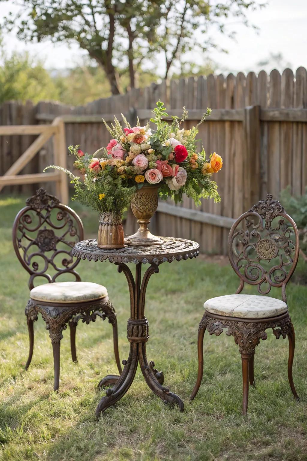 Vintage wrought iron pieces deliver nostalgic charm to open-air gatherings.
