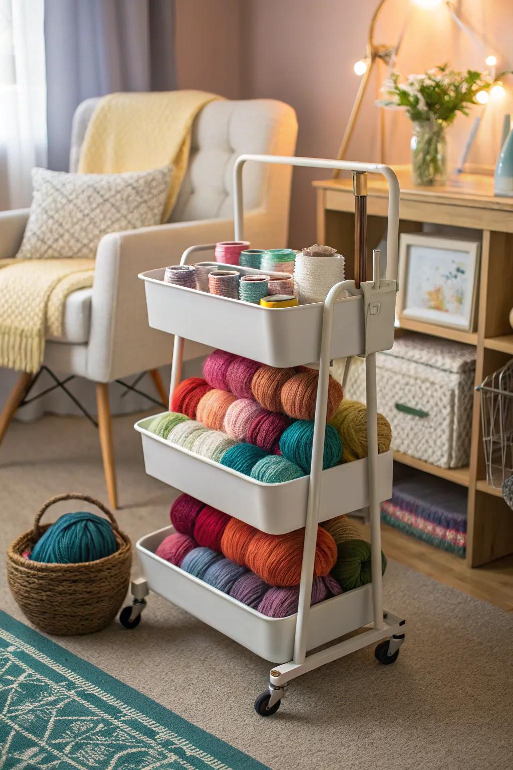 A movable cart delivers flexible yarn storage for crafting on the go.