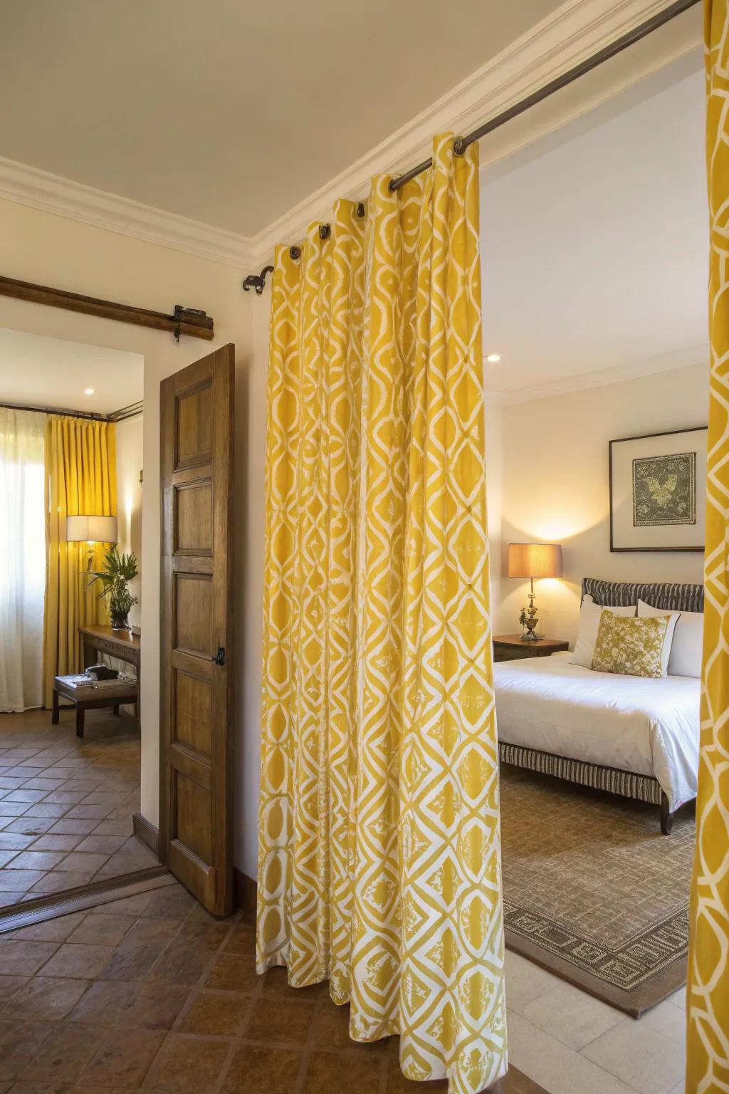 Patterned gold drapes enrich the bedroom decor with personality and texture.